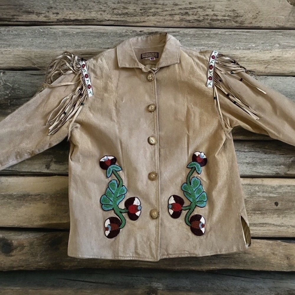 Double D Ranch vintage Beaded Fringe Suede Leather “Telling Stories” Jacket - Picture 4 of 16